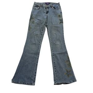 Vintage Bubblegum Flare Jeans Juniors‎ 7/8 Blue Mid Rise Embroidered Stars 29x30